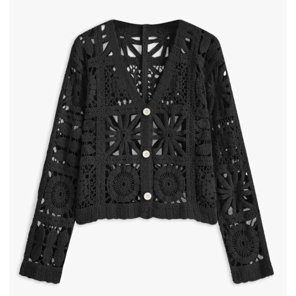 Commense Black Crochet Button Front Cardigan Sheer Knit Layer Size S Modern Chic